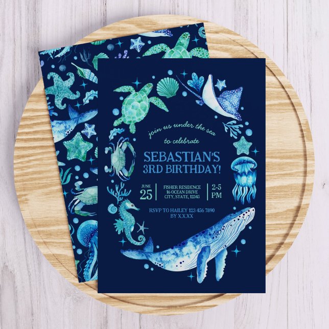 Under Havet med valar, maneter, sjöhästar Inbjudningar (Elegant sea life watercolor illustrations on a deep blue background create an elegant combination! )