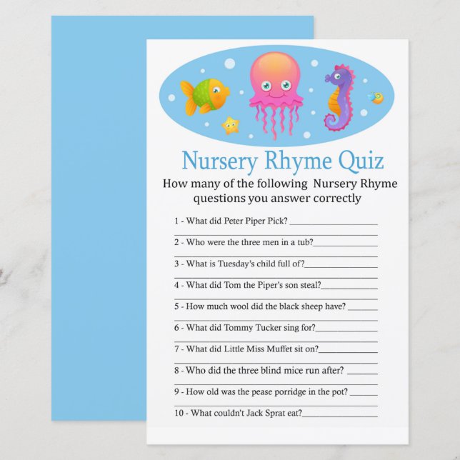 Under havet Nursery Rhyme Quiz babyduschspel (Fram/baksida)