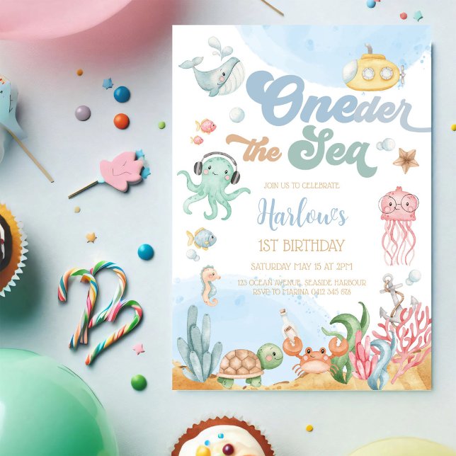 Under havet Ocean Tema Barn 1-årsdag Inbjudningar (Skapare uppladdad)
