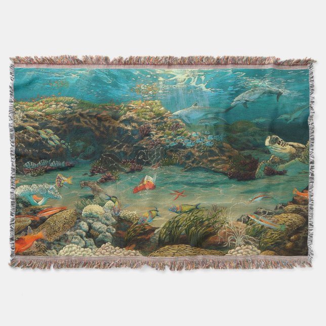 Under havet/oceanen delfiner/havssköldpadda/kartoo filt (Framsidan)