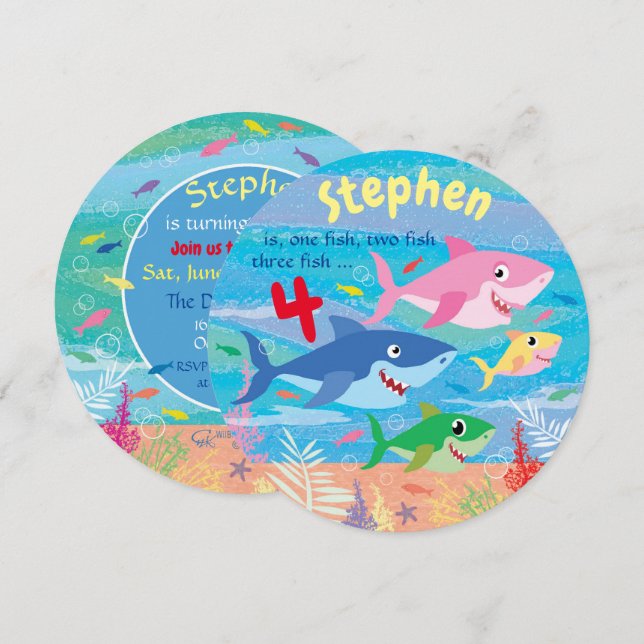Under havet, Shark 4e födelsedagen Party Inbjudningar (Fram/baksida)