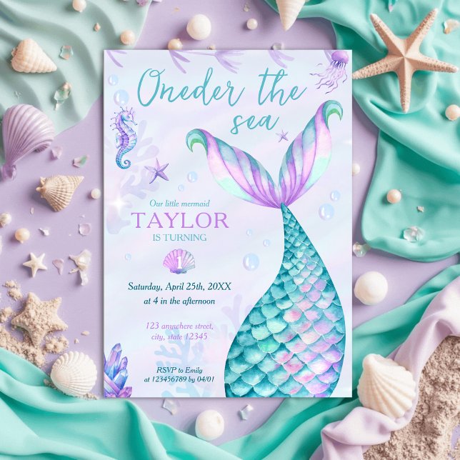 Under havet Siren 1-års födelsedagsflicka Inbjudningar (Onerder the Sea - mermaid, under the sea 1s birthday invitation, foam green, lavender, blue)