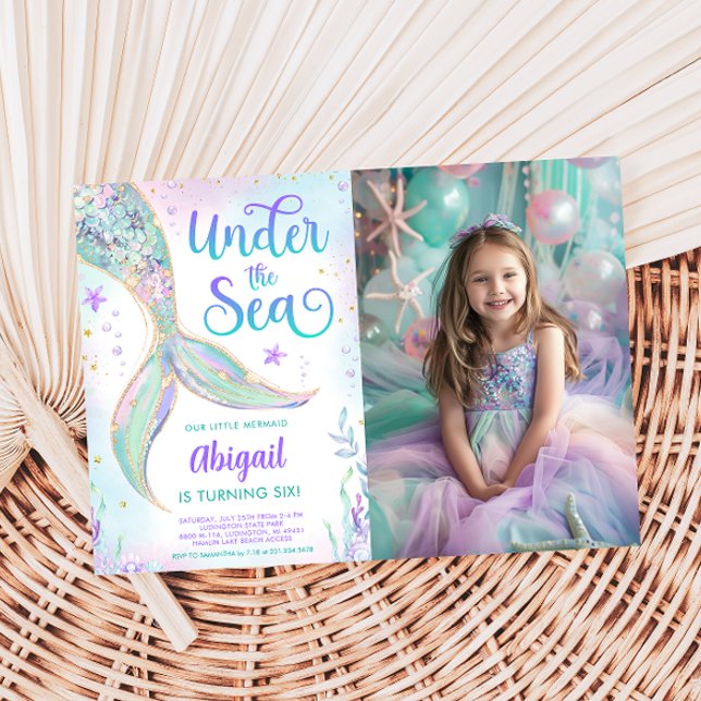 Under havet Siren Födelsedagsfoto Inbjudan (Under the Sea Mermaid Birthday Photo Invitation)
