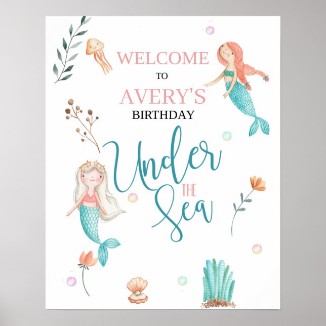 UNDER HAVET, SJÖJUNGFRU BIRTHDAY,VATTENFÄRGSJÖJUNG POSTER (Framsidan)
