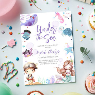 Under havet sjöjungfru havstema baby shower inbjudningar