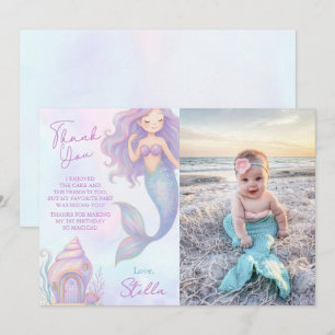 Under havet sjöjungfru lila 1-års födelsedagsfoto tack kort