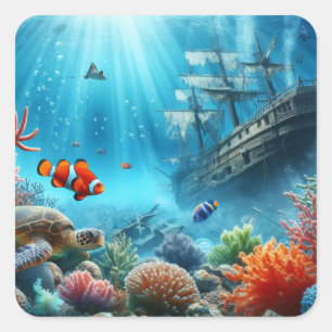 Under havet, sköldpadda, korall, frakt, clown fish fyrkantigt klistermärke