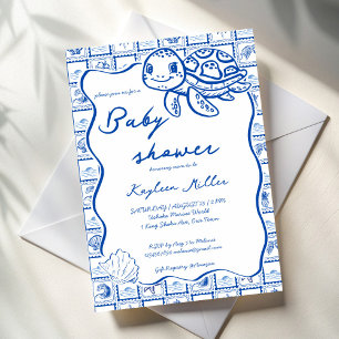 Under havet söt sköldpadda blå baby shower inbjudningar
