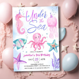 Under havet! Tredje födelsedagseftermiddagen Rosa Inbjudningar