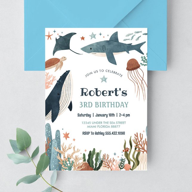 Under havet Val Turtur Haj 1-årsdag Inbjudningar (Skapare uppladdad)