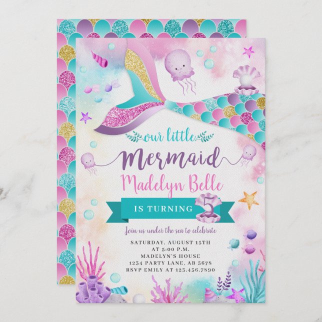 Under havet vår lilla Sjöjungfru födelsedag Inbjudningar (Fram/baksida)