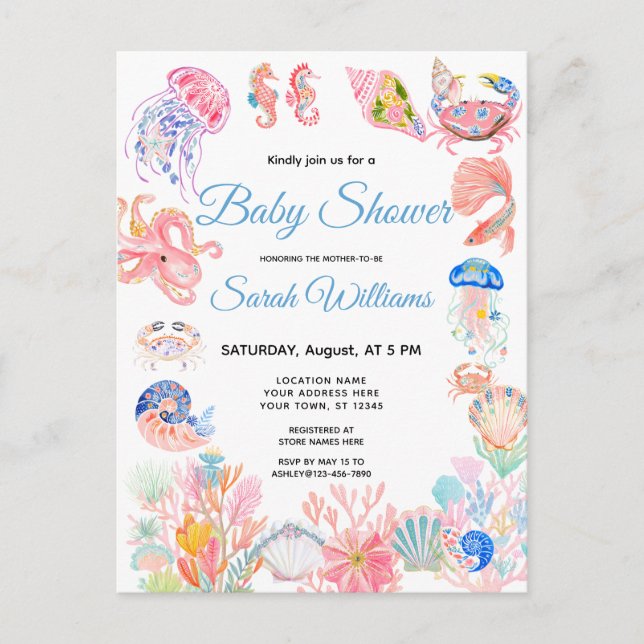 Under havet Watercolor Baby Shower Inbjudan (Framsida)