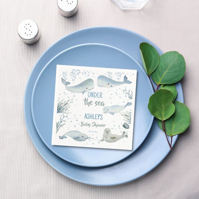 Under havets babydusch tryckte man ut pappersservett (Under the sea dusty blue pastel boy baby shower printed napkins personalized table decor)