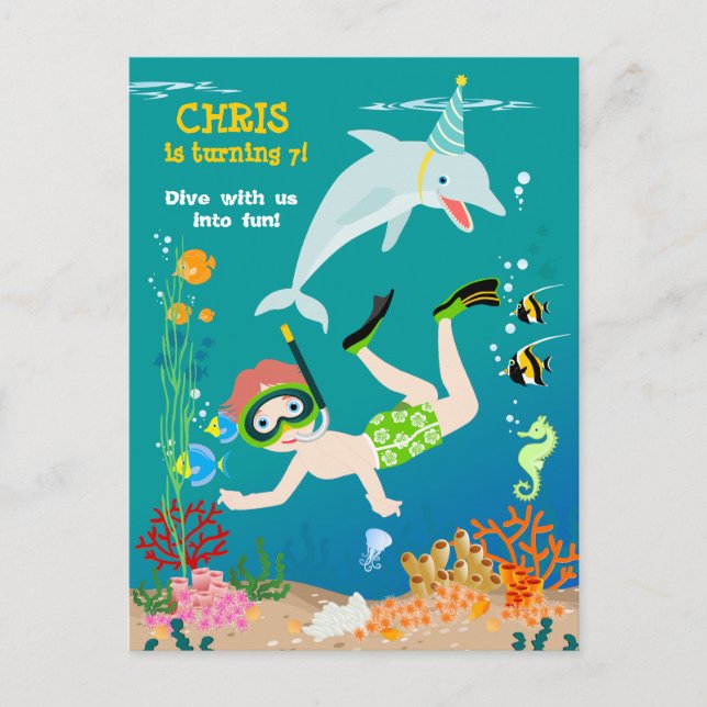 Under havets delfiner och pojkens födelsedagsfest inbjudan vykort (Framsida)