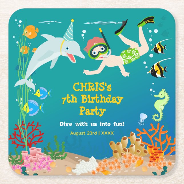 Under havets delfiner och pojkens födelsedagsfest underlägg papper kvadrat (Framsidan)