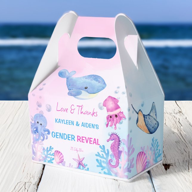 Under havets gender avslöjas rosa blue presentaskar (Under the sea gender reveal favors pink and blue cute sea creatures personalized printed favor box)