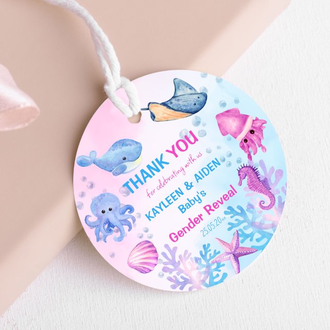 Under havets gender visas ett sött tack. gåvor etiketter (Under the sea gender reveal cute pink and blue sea creatures thank you favor tags he or she boy girl)