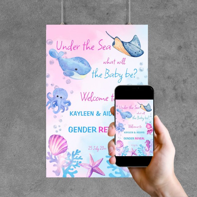 Under havets gender visas välkommen skylt (Under the sea gender reveal party welcome sign poster template digital download cute pink and blue)