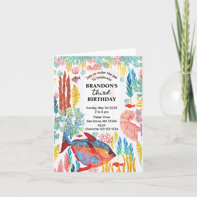 Under Havets havsbotten Djurens vattenfärg Födelse Inbjudan (Framsida)