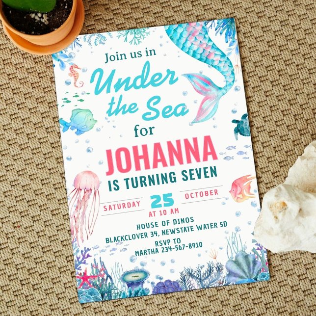 Under havets Sjöjungfru Födelsedagsfest inbjudan (Under the sea Mermaid Birthday Party Invitation)