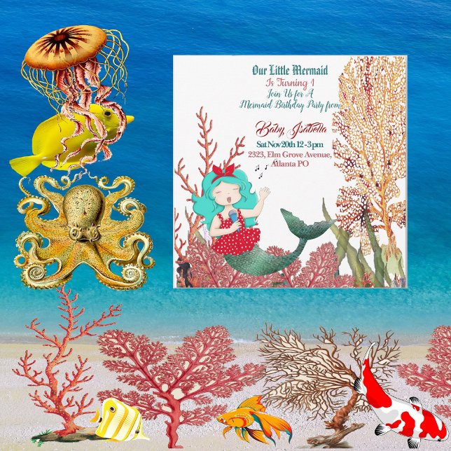 Under Havets Sjöjungfru sjunker korallrevsdagen Inbjudningar (Under The Sea Mermaid Singing Coral Reef Birthday Invitation)