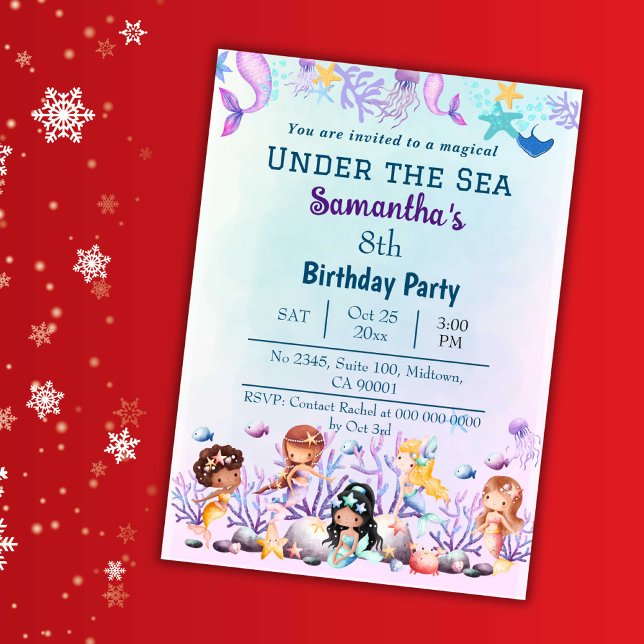 Under havets sjöjungfru söta barn, blå 8-årsdag inbjudningar (Skapare uppladdad)