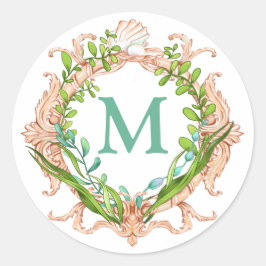 Under havets Snäcka Ram med Sjögräs Monogram Runt Klistermärke