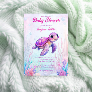 Under havets söta sköldpadda lila rosa babydusch inbjudningar