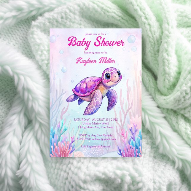 Under havets söta sköldpadda lila rosa babydusch inbjudningar (Under the sea cute sea turtle purple pink baby shower invitation template instant download)
