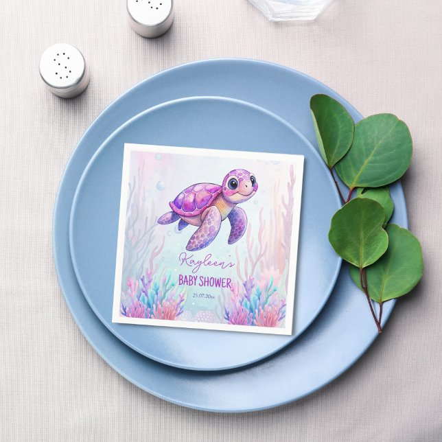 Under havets söta sköldpadda lila rosa babydusch pappersservett (Under the sea cute turtle purple pink girl baby shower personalized printed napkins template)