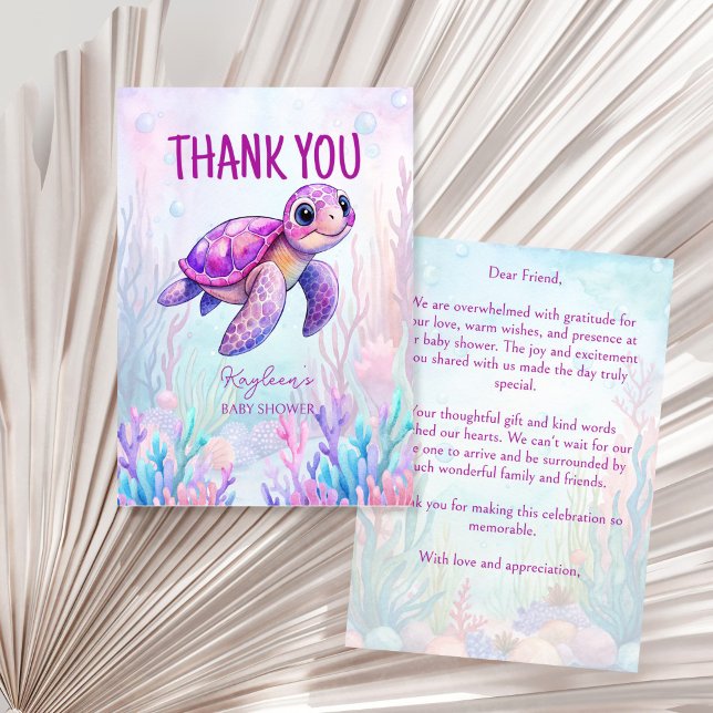 Under havets söta sköldpadda rosa lila babydusch tack kort (Under the sea cute turtle pink purple baby shower thank you cards marine ocean baby shower )