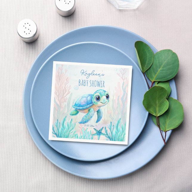 Under havets söta sköldpaddsakablådusch pappersservett (Under the sea cute baby sea turtle aqua blue boy baby shower personalized monogram printed napkins )