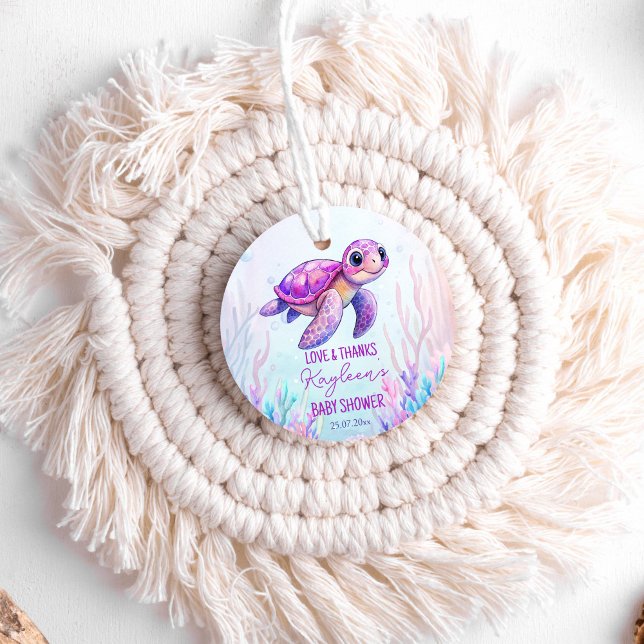 Under havets söta sköldpaddsdusch för rosa babydus gåvor etiketter (Under the sea cute sea turtle pink girls baby shower thank you favor tags)