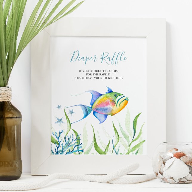 Under havsbladet Raffle Baby Shower-skylt Poster (fun baby shower games diaper raffle sign features tropical fish art by Victoria Grigaliunas)