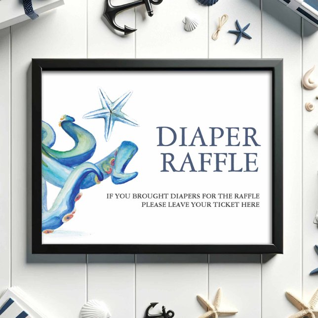 Under havsbladet Raffle Baby Shower-skylt Poster (Baby shower decor nautical diaper raffle sign watercolor blue octopus and starfish Do Tell A Belle)