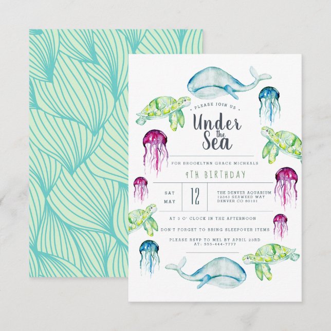 Under Havsdagen | Vattenfärg för havsdjur Inbjudningar (Fram/baksida)
