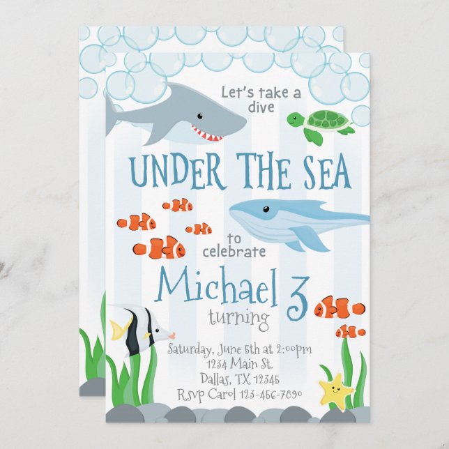 Under havsdjurfödelsedagsfest inbjudan (Fram/baksida)