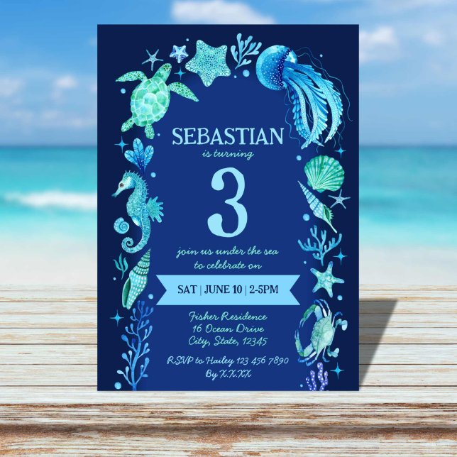 Under Havsfärgen Havsdjurens havsvattenblått Inbjudningar (Under The Sea Watercolor Ocean Animals Navy Blue Invitation)