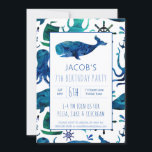 Under Havsfärgen Kids Whale Birthday Inbjudningar<br><div class="desc">Under Sea Watercolor Ocean Whale Mönster Personlig Birthday Bjud. Nautisk oceanmatad mönster. Valvete,  bläckfisk,  båt,  ankare och frakt hjul i blåsor på vit bakgrund. Samordna med andra leveranser från party. Redigera om du vill lägga till information om party. www.SamAnnDesigns.com</div>