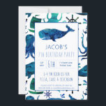 Under Havsfärgen Kids Whale Birthday Inbjudningar<br><div class="desc">Under Sea Watercolor Ocean Whale Mönster Personlig Birthday Bjud. Nautisk oceanmatad mönster. Valvete,  bläckfisk,  båt,  ankare och frakt hjul i blåsor på vit bakgrund. Samordna med andra leveranser från party. Redigera om du vill lägga till information om party. www.SamAnnDesigns.com</div>