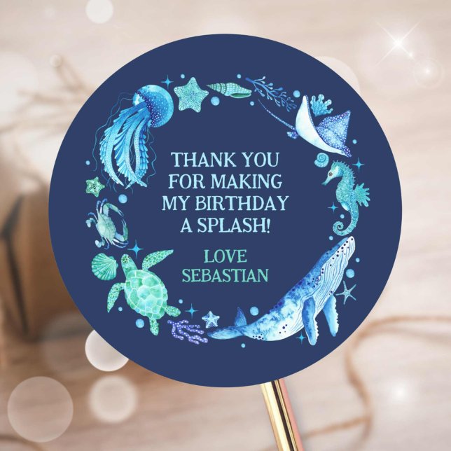 Under Havsfärgen Tack Havsdjur Runt Klistermärke (Under the Sea Watercolor Thank You Ocean Animals Classic Round Sticker)