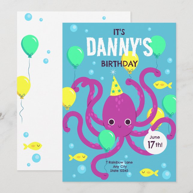 Under havsinbjudan, Octopus Birthday Inbjudningar (Fram/baksida)
