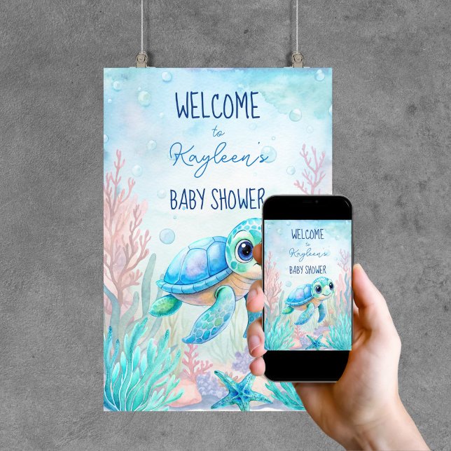 Under havssköldpaddan aqua blue babyduschbackdro poster (Under the sea turtle aqua blue baby shower backdrop poster welcome sign template editable template)