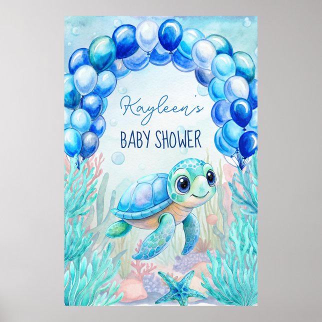 Under havssköldpaddan aqua blue babyduschbackdro poster (Framsidan)