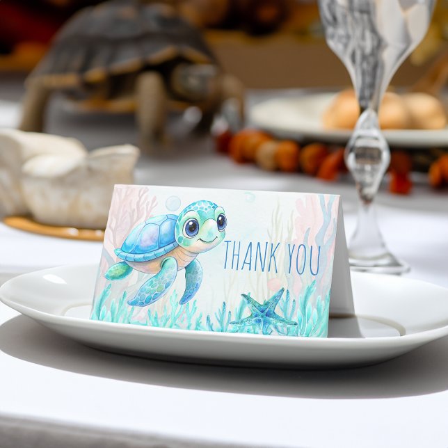 Under havssköldpaddans blå babydusch tack. placeringskort (Under the sea turtle blue baby shower thank you place card cute qua blue baby shower table decor)