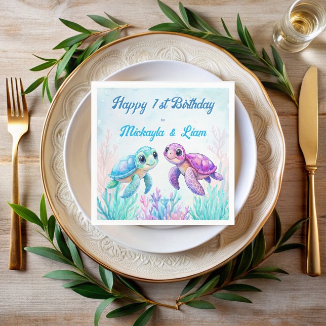 Under havssköldpaddans havsblå twillingar födelsed pappersservett (Under the sea turtle aqua blue pink purple twins birthday party personalized printed napkins)