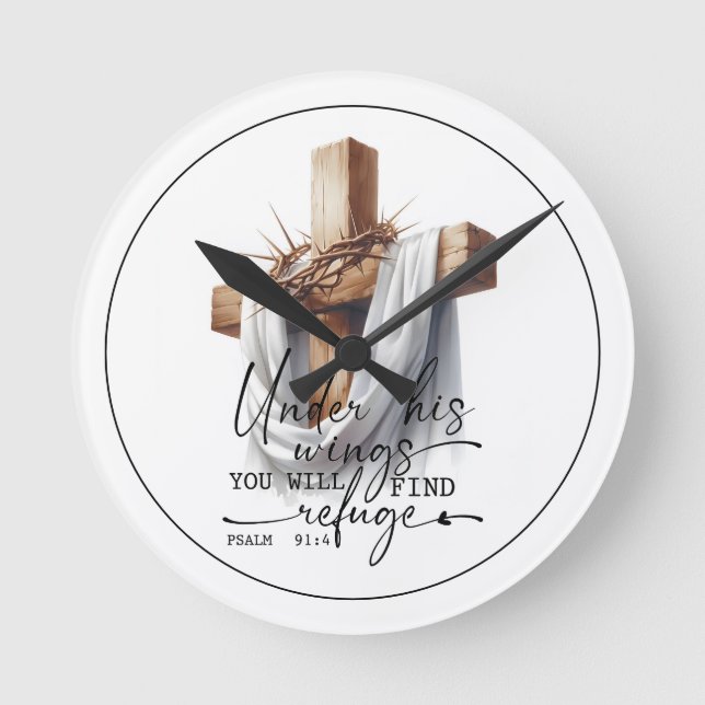 Under His Wings Skriftkonst – Psalm 91:4  Rund Klocka (Framsida)