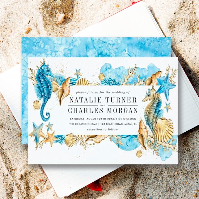 Under inbjudan till Sea Blue Guld sommarbröllop (Front & Back)