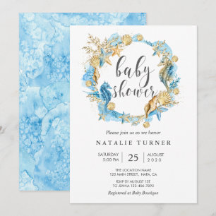 Under inbjudan till Sea Blue och Guld Baby Shower