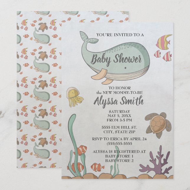 Under inbjudan till Sea Fish Turtle Baby Shower (Fram/baksida)